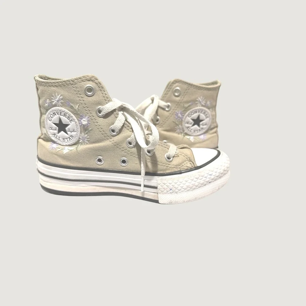 Converse All Star High Top Kids Sneakers Tan Canvas Floral Embroidery Purple